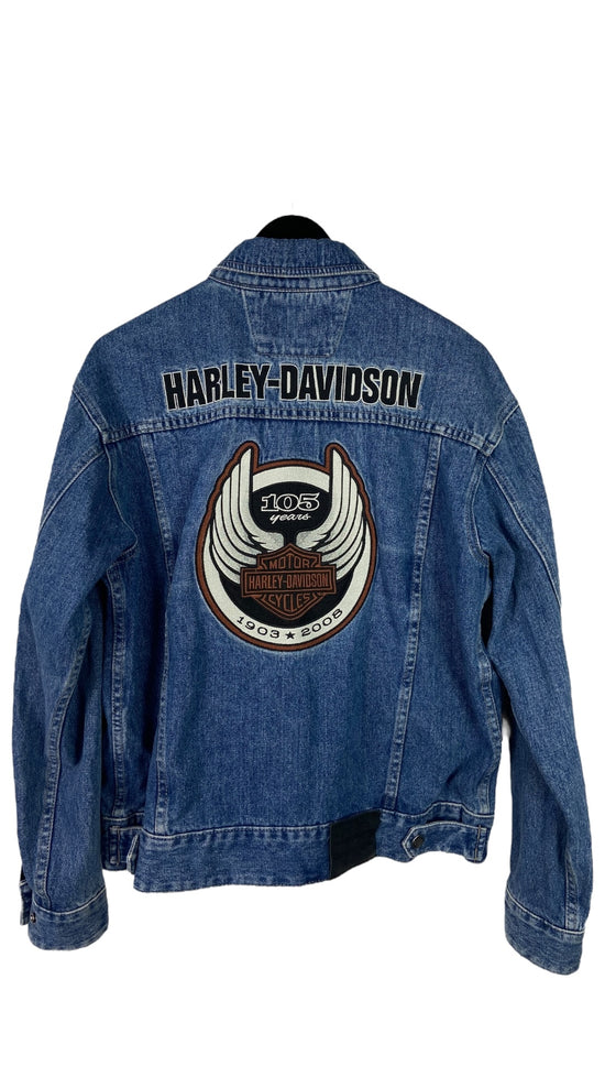 Y2K Harley Davidson Blue Denim Anniversary Trucker Jacket Sz M