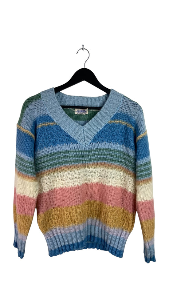 VTG Baby Blue/Multicolor V-Neck Sweater Sz M