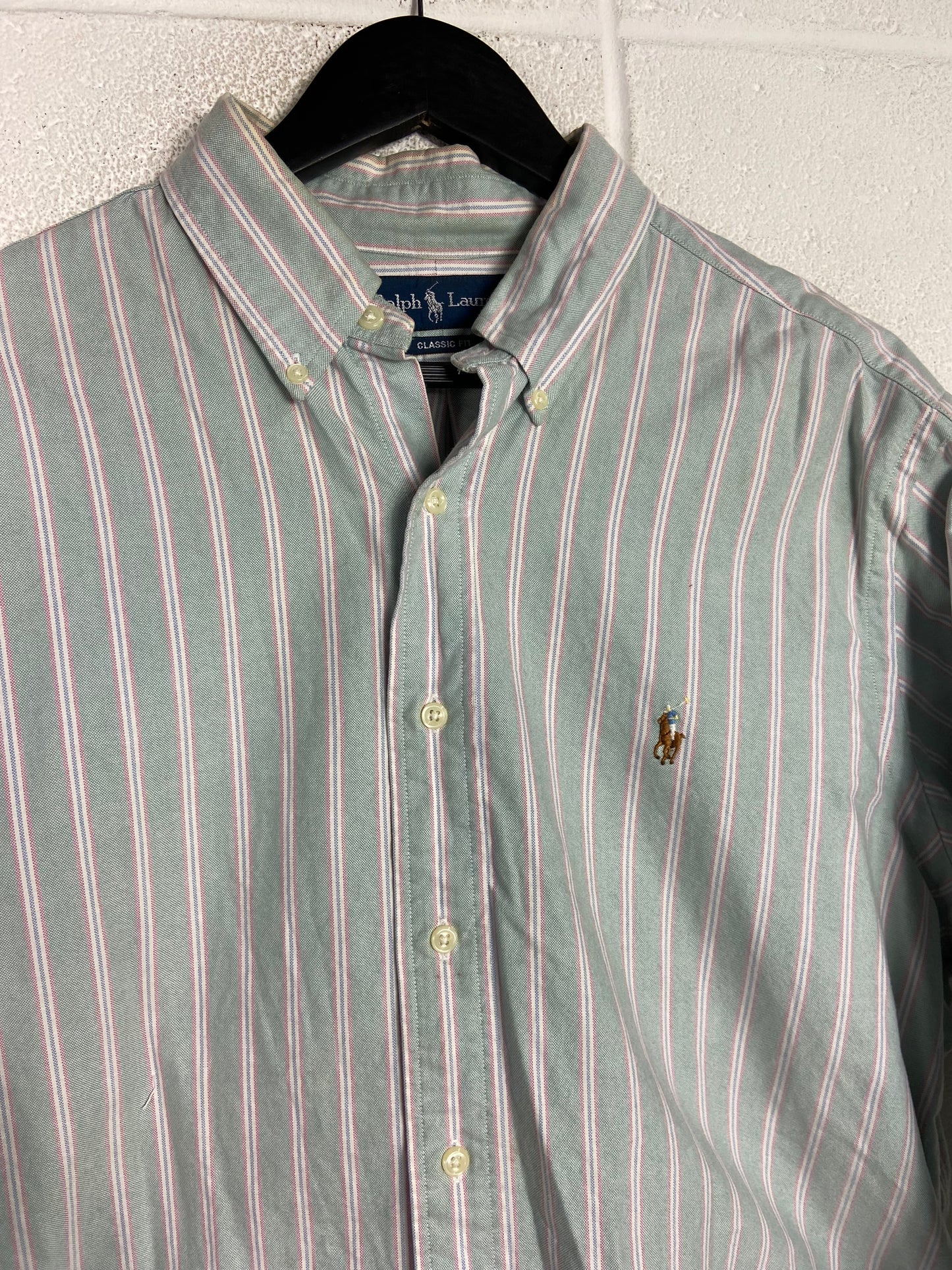 VTG Polo Ralph Lauren Green Striped Button Up Shirt Sz L