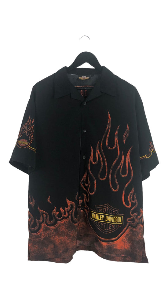 Harley Davidson Flame Button Up Silk Shirt Sz L
