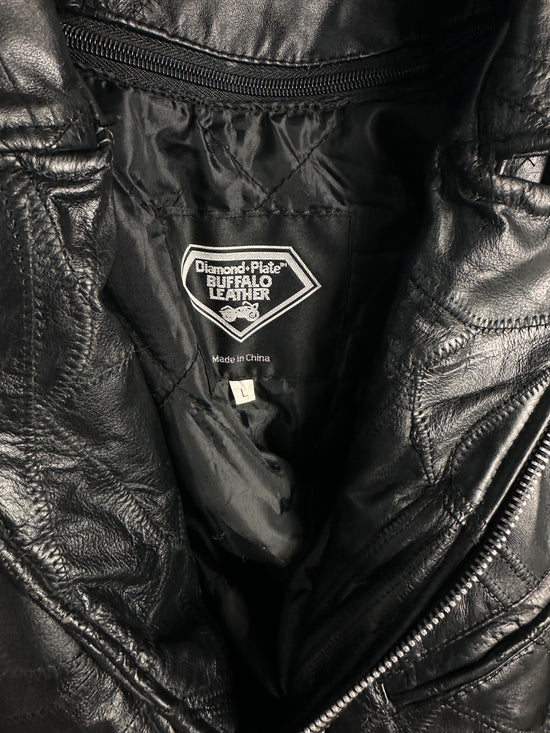 VTG Diamond Plate Hardcore Leather Motorcycle Jacket Sz L