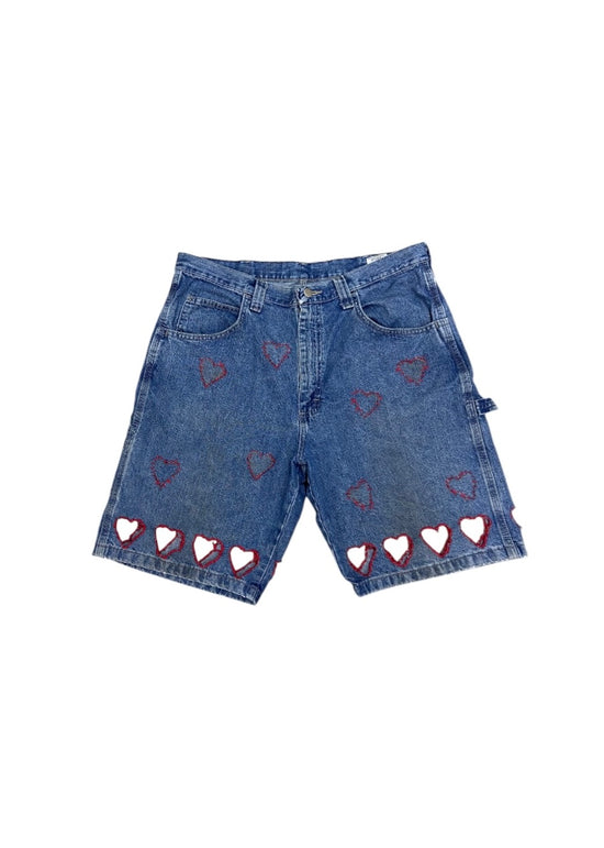 Reworked Hearts Denim Work Shorts Sz 34