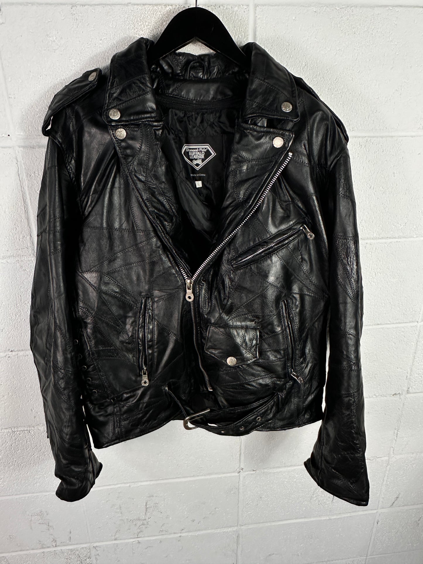 VTG Diamond Plate Hardcore Leather Motorcycle Jacket Sz L