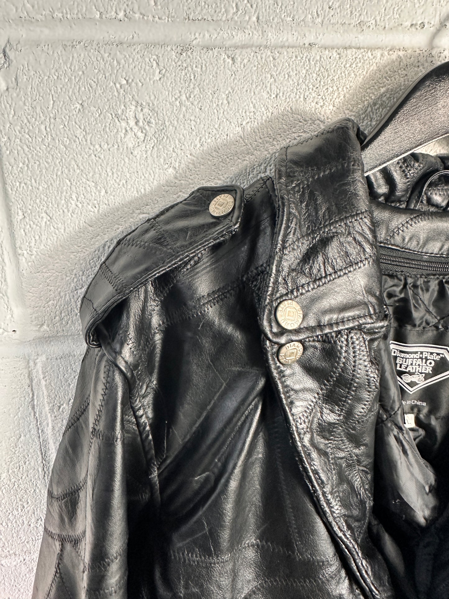 VTG Diamond Plate Hardcore Leather Motorcycle Jacket Sz L