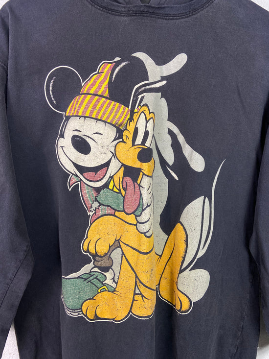 VTG Disney Mickey & Pluto Hooded L/S Shirt Sz L