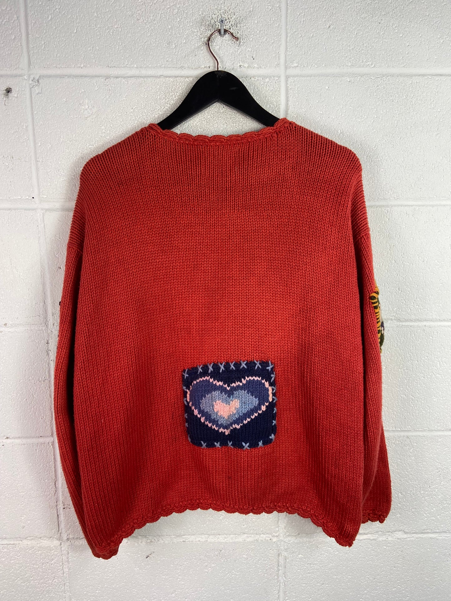 VTG Orange Hearts Handknit Sweater Sz M/L