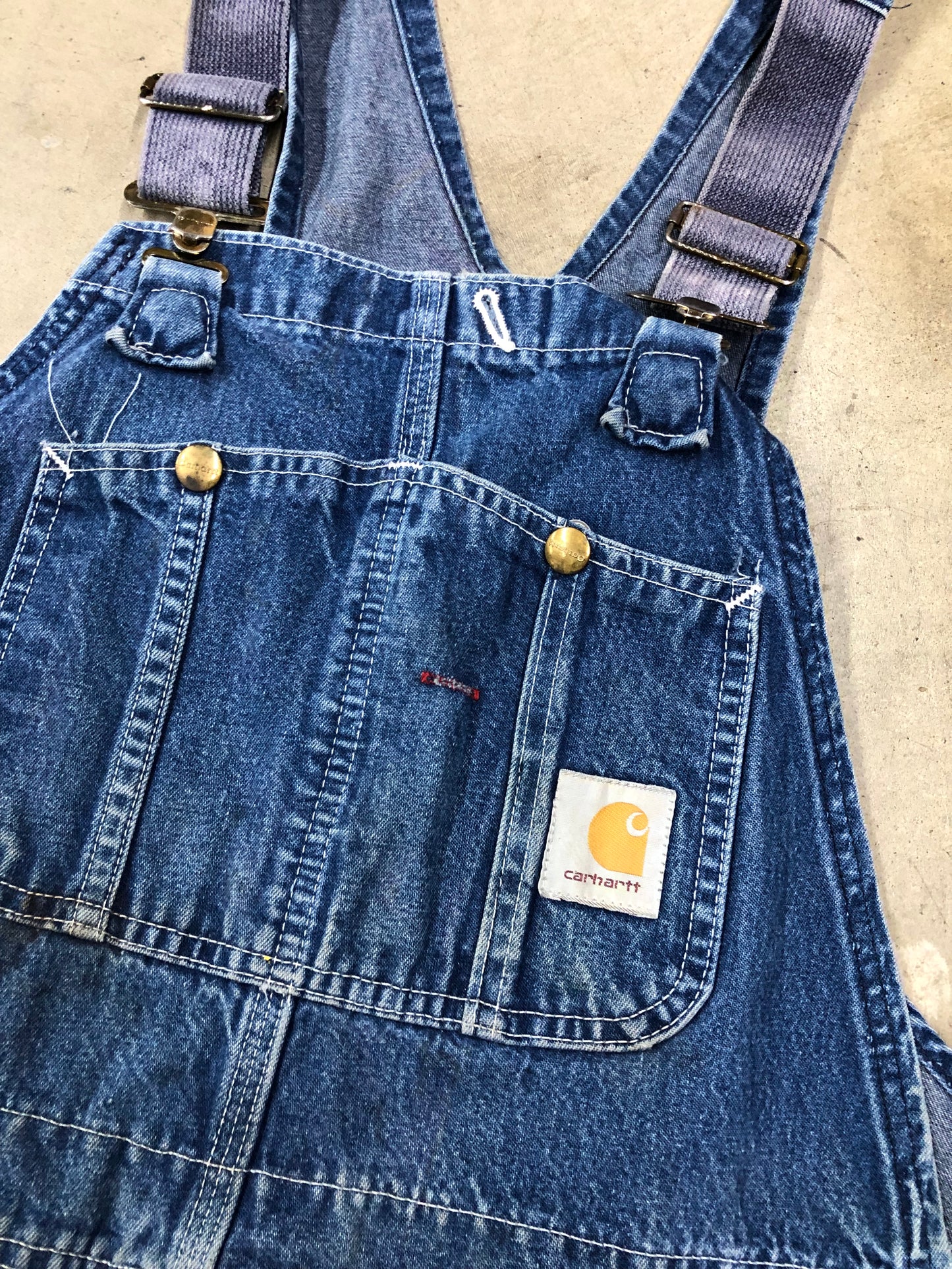 VTG Thrashed Carhartt Denim Overalls Sz 36x32