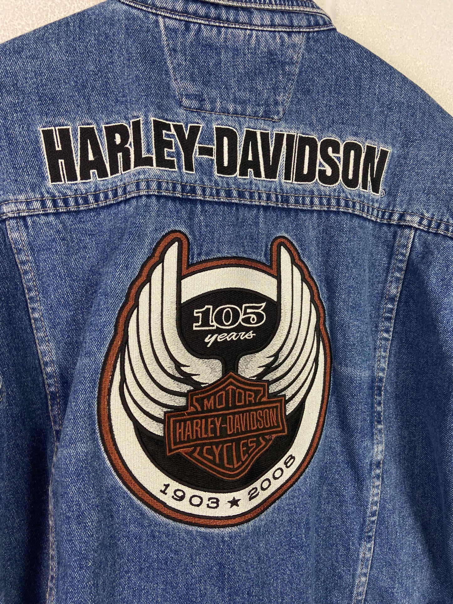 Y2K Harley Davidson Blue Denim Anniversary Trucker Jacket Sz M