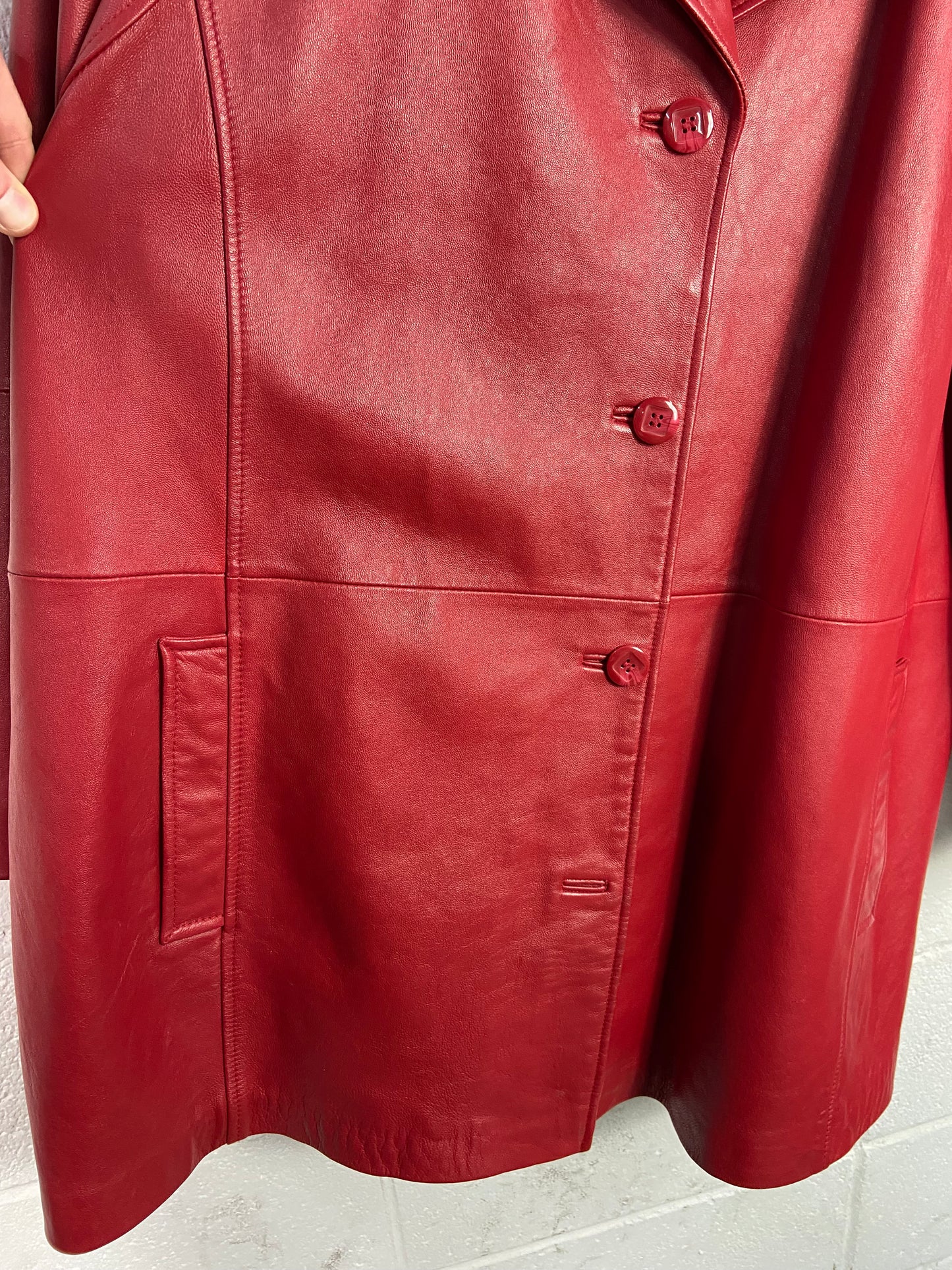 VTG Avenue Red Leather Trench Coat Sz XL