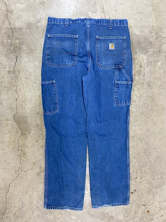 VTG Carhartt Distressed Blue Denin Carpenter Jeans Sz 34x32