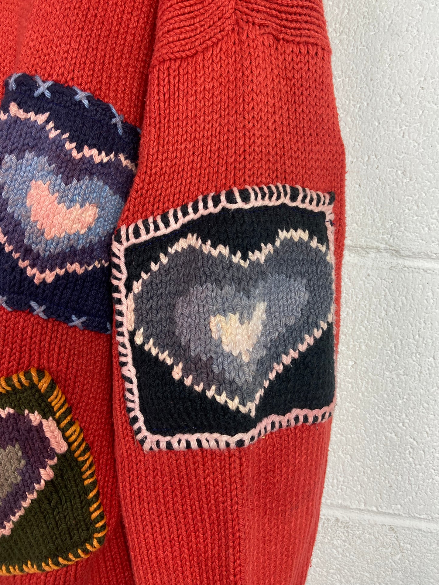 VTG Orange Hearts Handknit Sweater Sz M/L