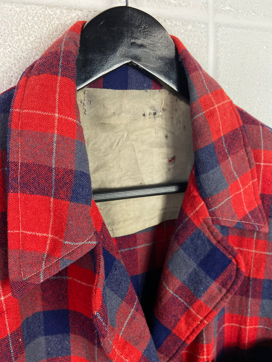 VTG Thrashed 60's Wool Red Chore Flannel Shirt Sz L