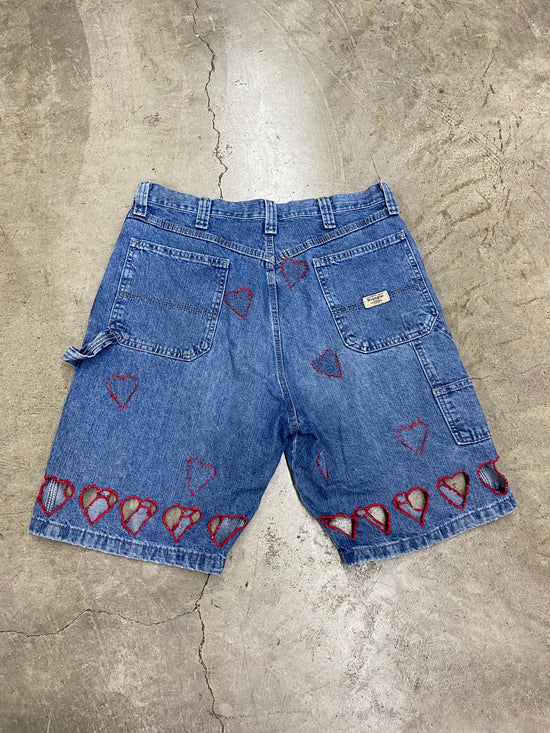 Reworked Hearts Denim Work Shorts Sz 34