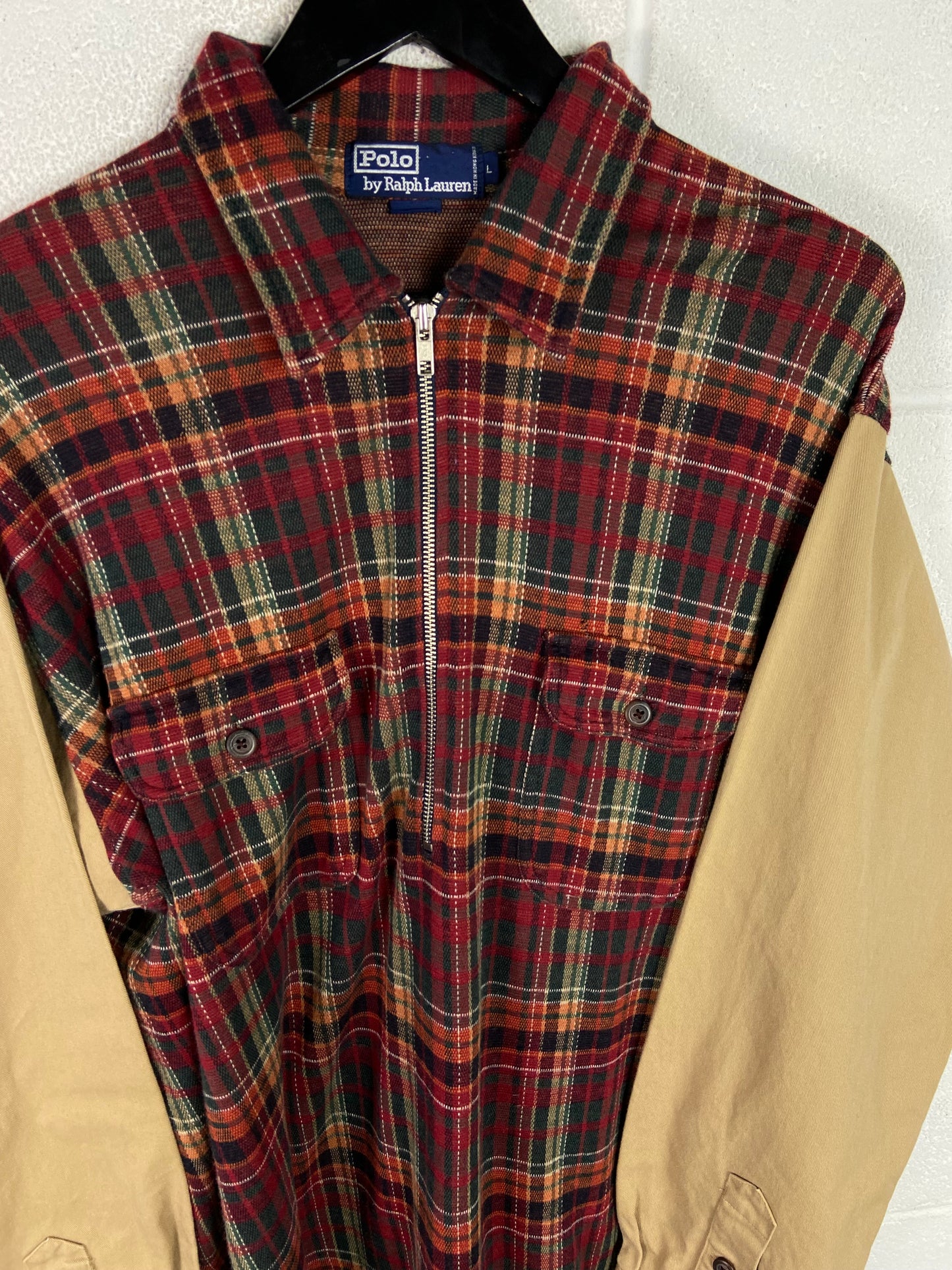 VTG Polo Ralph Lauren Flannel Khaki Zip Shirt Sz L