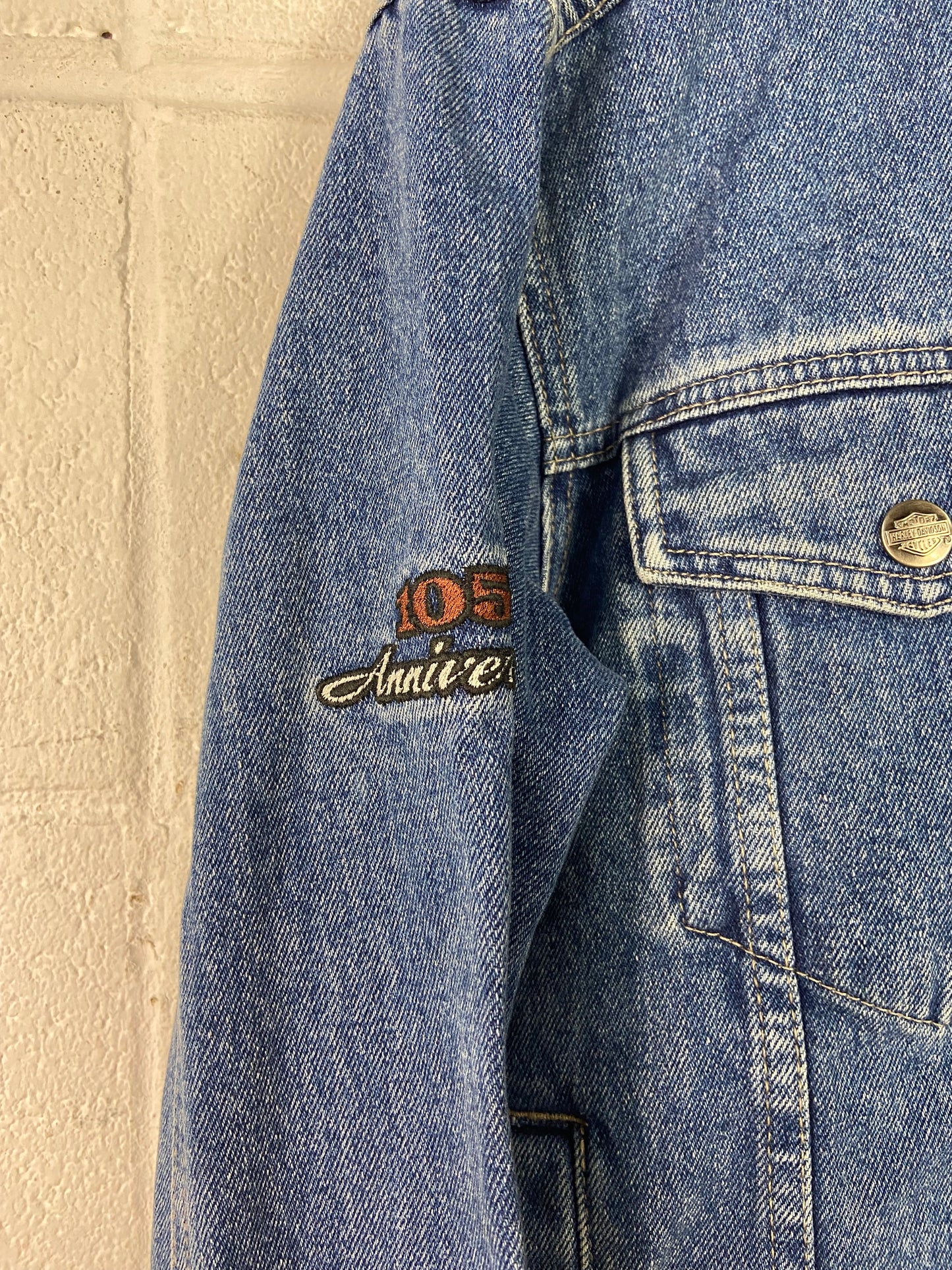 Y2K Harley Davidson Blue Denim Anniversary Trucker Jacket Sz M