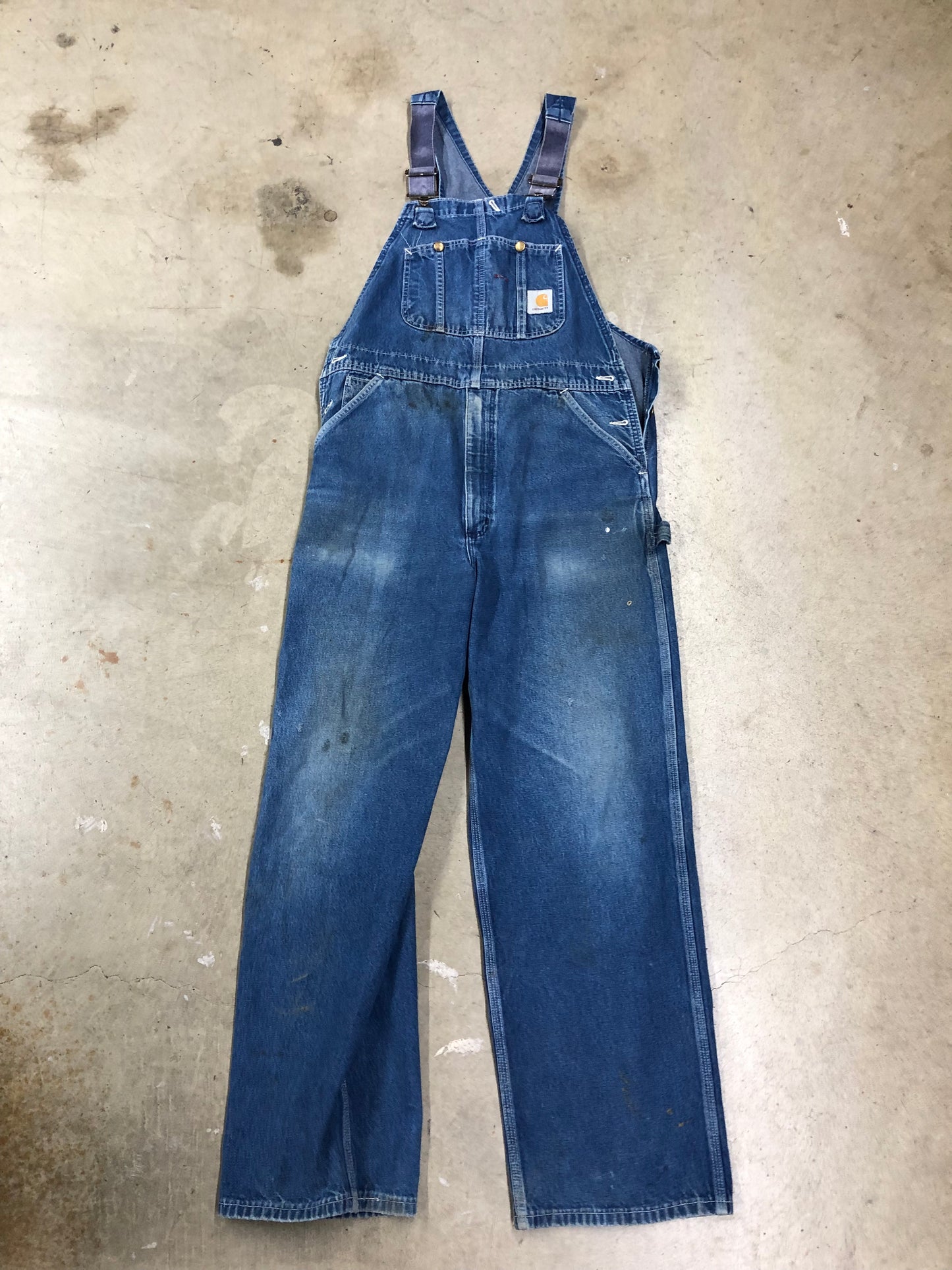 VTG Thrashed Carhartt Denim Overalls Sz 36x32