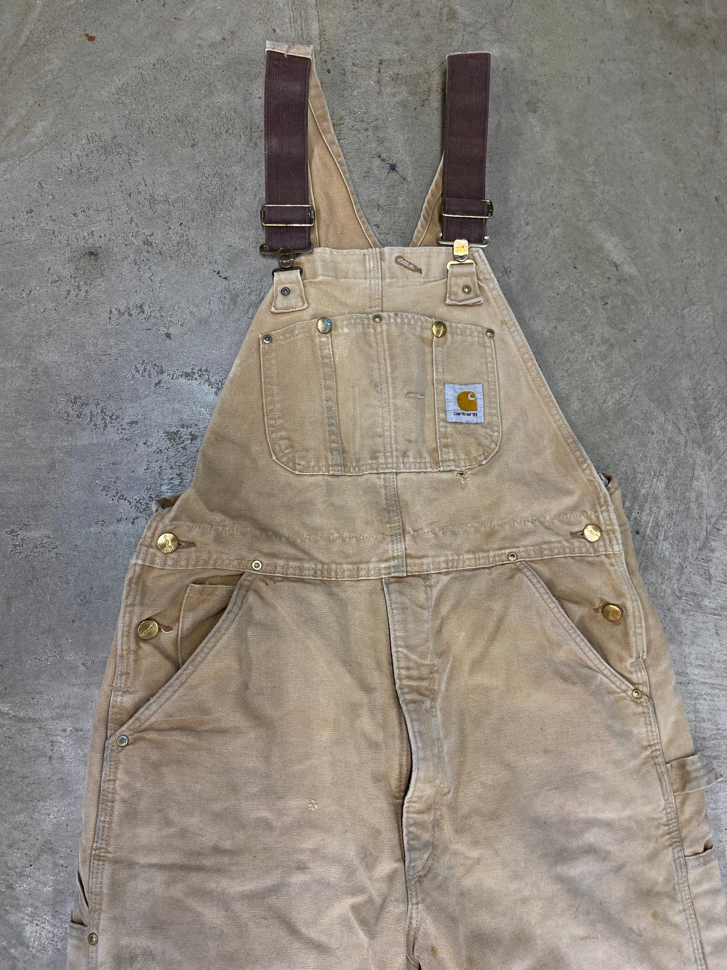 Carhartt Tan Thrashed Double Knee Insulated Overalls Sz 34x32