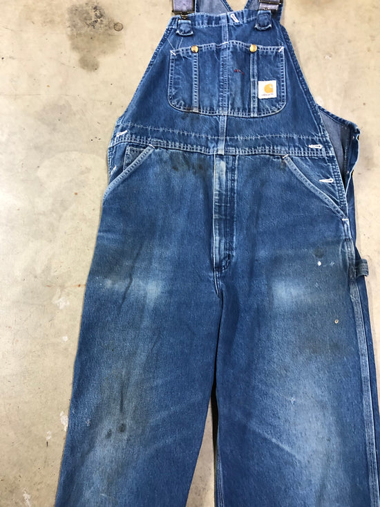 VTG Thrashed Carhartt Denim Overalls Sz 36x32