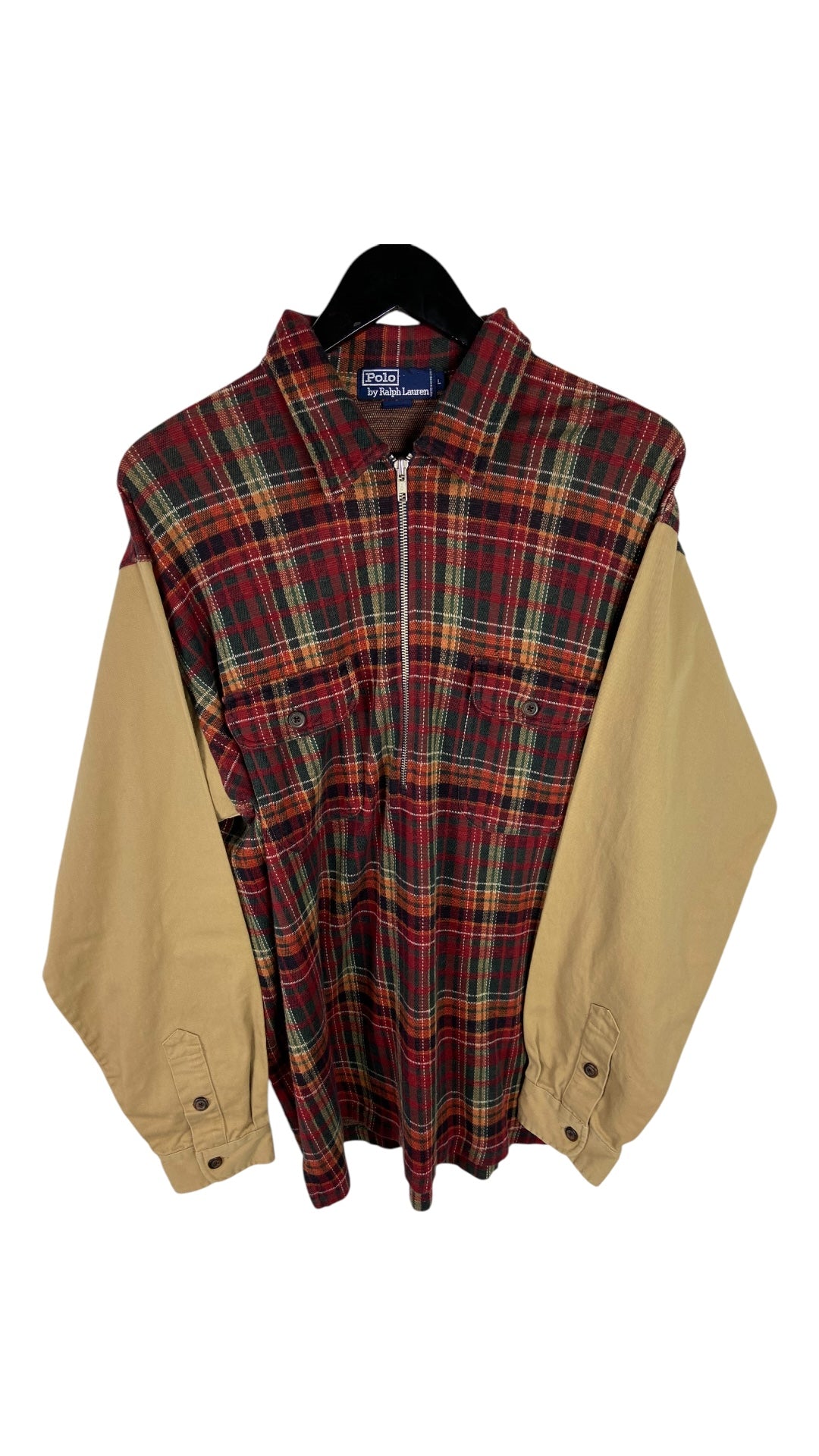 VTG Polo Ralph Lauren Flannel Khaki Zip Shirt Sz L