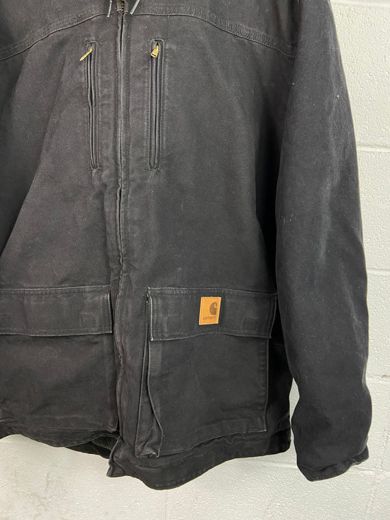 Y2K Carhartt Sherpa Lined Black Long Work Jacket Sz XL