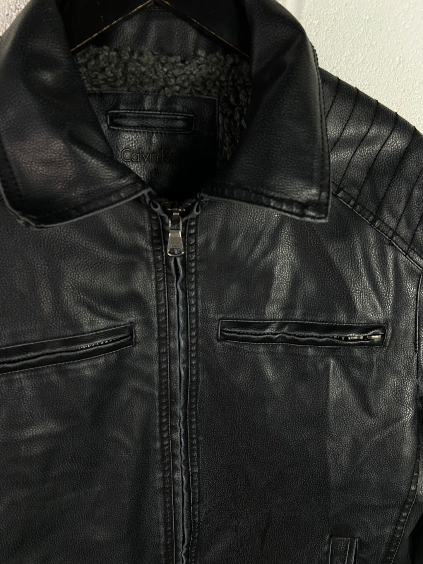 VTG Calvin Klein Black Aviator Leather Jacket Sz Small