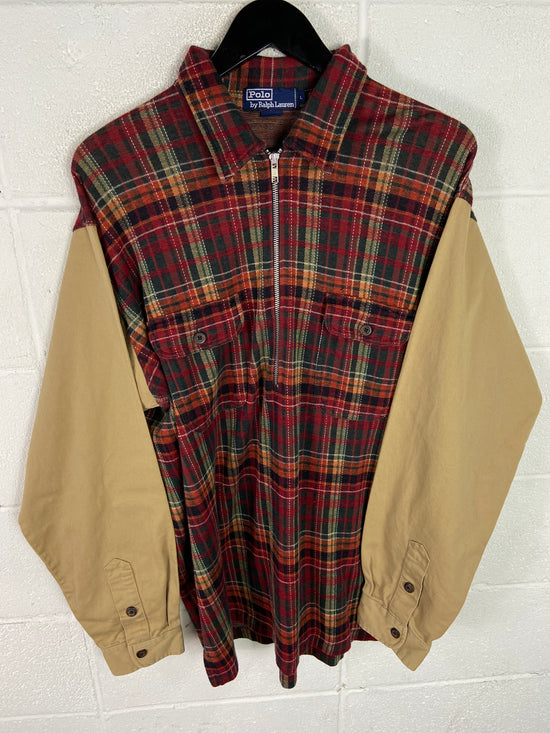 VTG Polo Ralph Lauren Flannel Khaki Zip Shirt Sz L