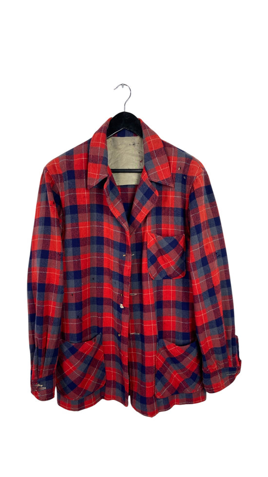 VTG Thrashed 60's Wool Red Chore Flannel Shirt Sz L