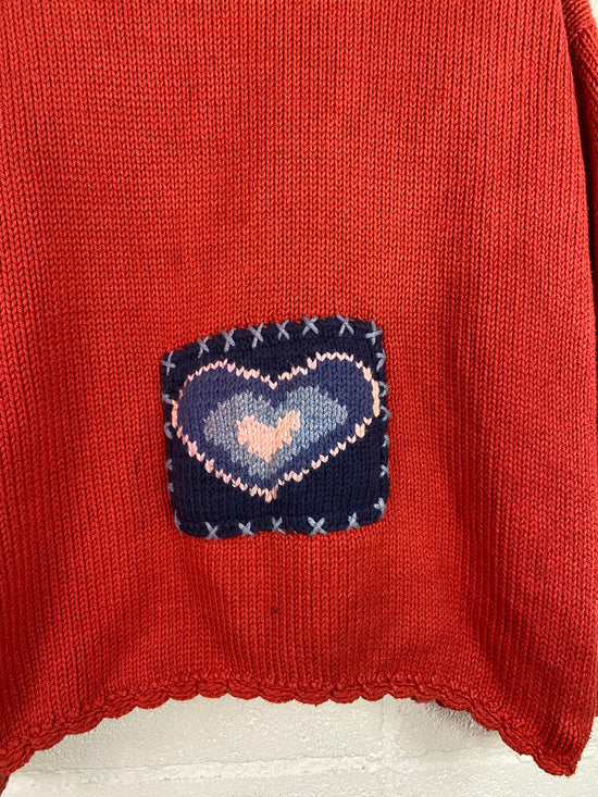 VTG Orange Hearts Handknit Sweater Sz M/L