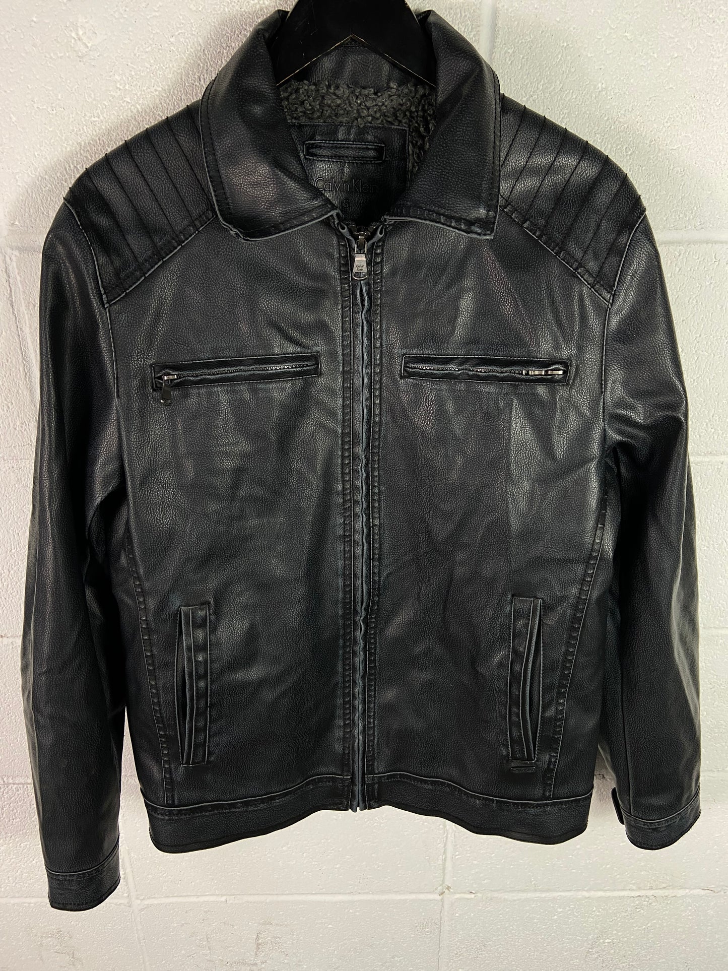 VTG Calvin Klein Black Aviator Leather Jacket Sz Small