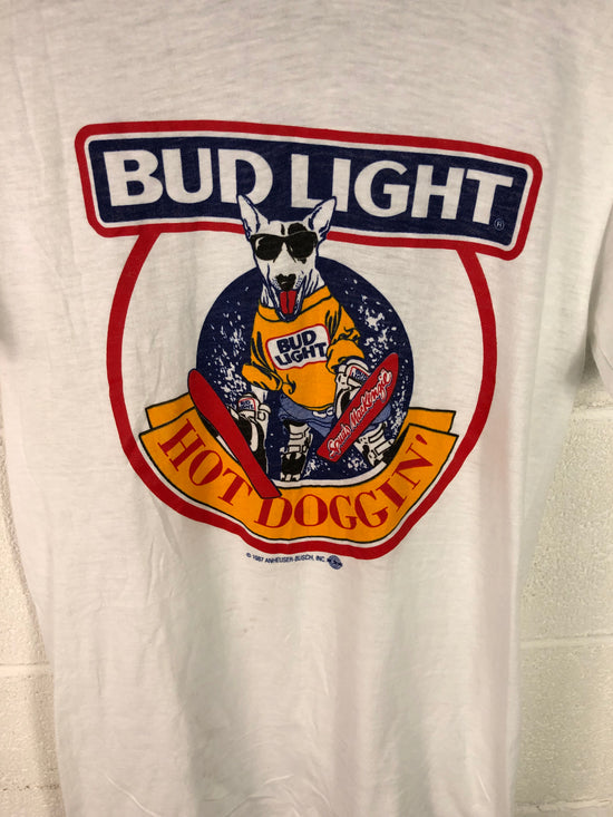 VTG 1987 Budlight Hot Doggin Graphic Tee Sz Small