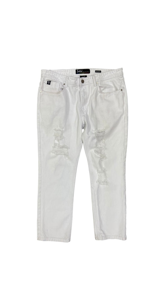 Think Distressed White Denim Tapered Jeans Sz 36x29