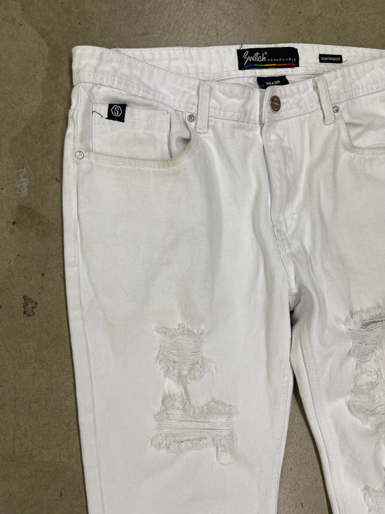 Think Distressed White Denim Tapered Jeans Sz 36x29