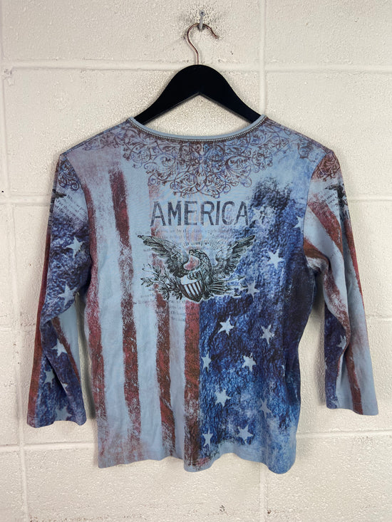 Y2K America Affliction Rhinestone L/S Shirt Sz Wmns L