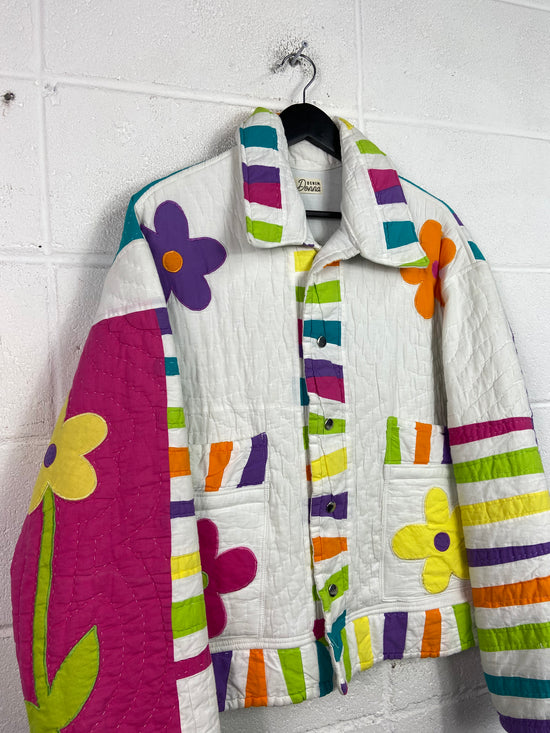 Denim Donna Reworked Flower Quilt Jacket Sz L