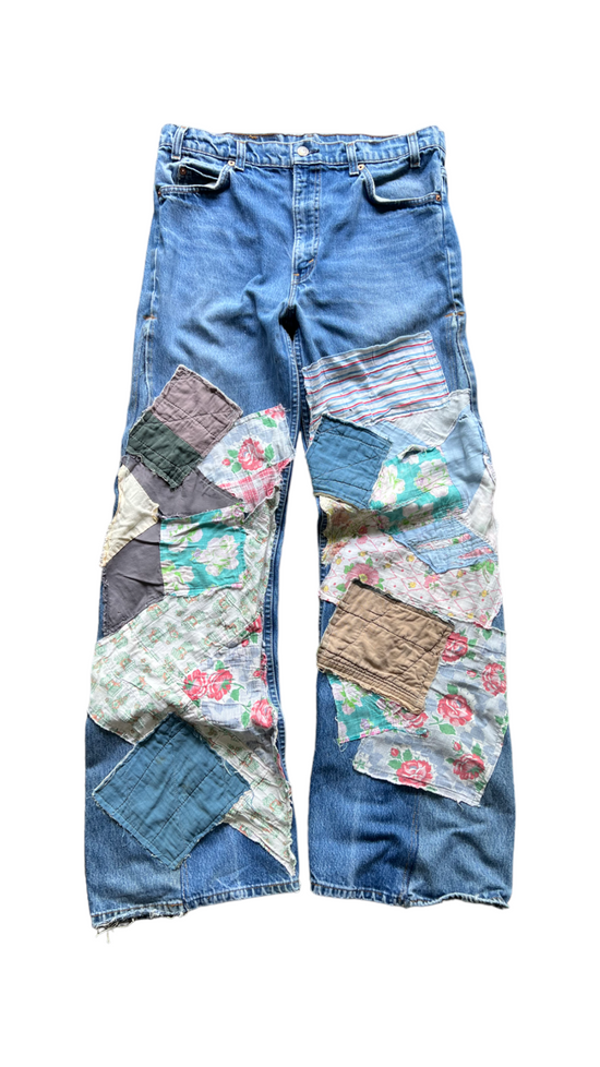 Hand Reworked Vintage Orangetab Quilted Patchwork Denim Jeans by D. Turner Sz 35x34