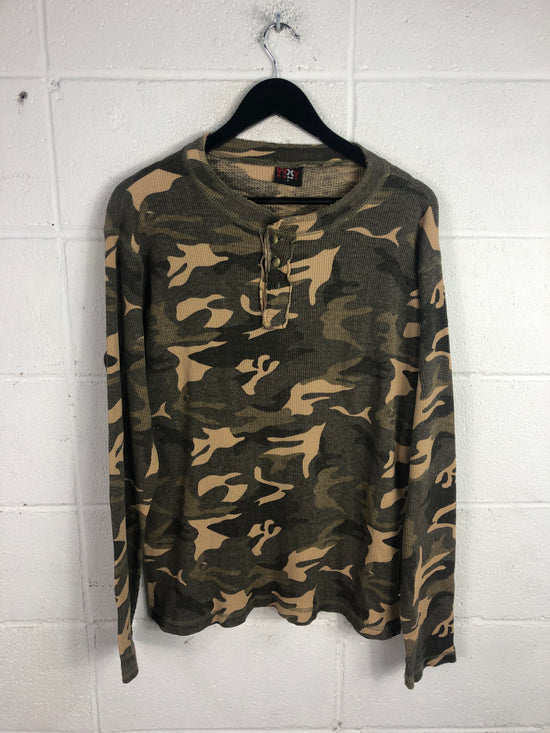 VTG Camo Waffle Knit LS Shirt Sz L