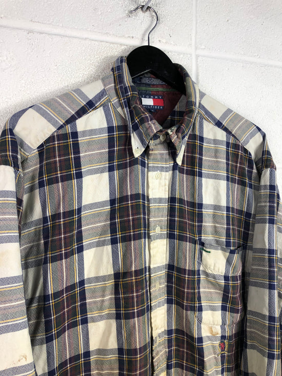 VTG Thrashed Tommy Hilfiger Plaid L/S Button Up Shirt Sz XXL