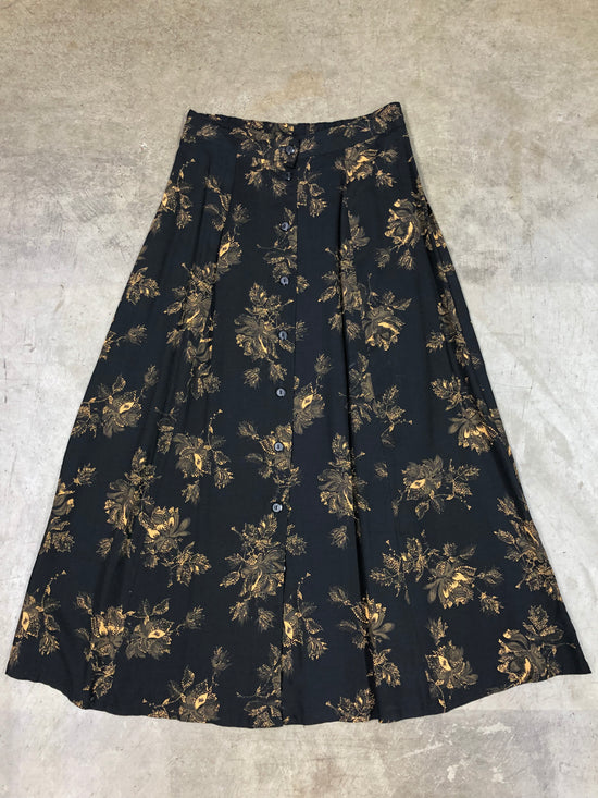 VTG Black & Brown Floral Skirt Sz 28W