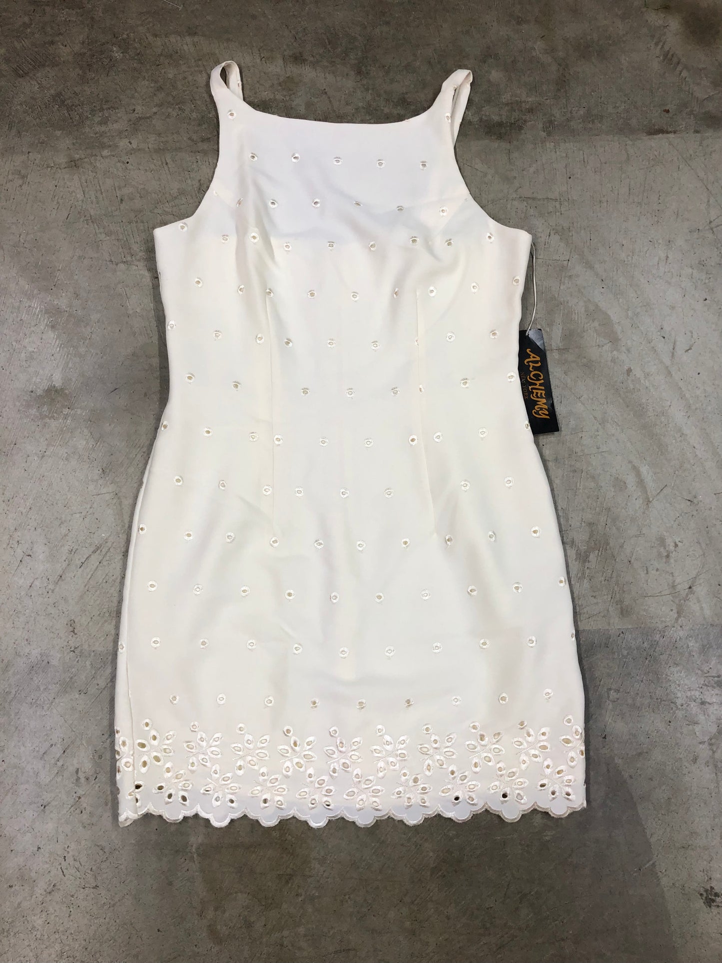 VTG White Embroidered High Neck Dress Sz M