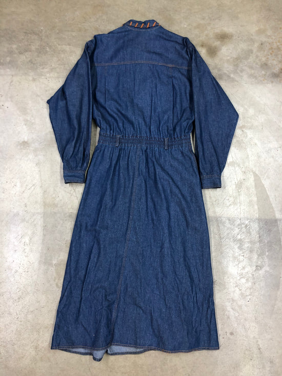 VTG Denim Embroidered Western Dress/Trench Coat Sz XL