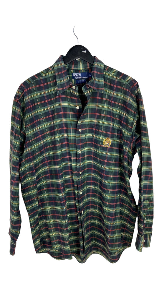 Y2K Polo Plaid Crest Logo Button Up Sz XL