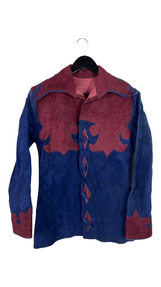 VTG Western Suede Leather Blue Jacket With Red Trim Sz S/M