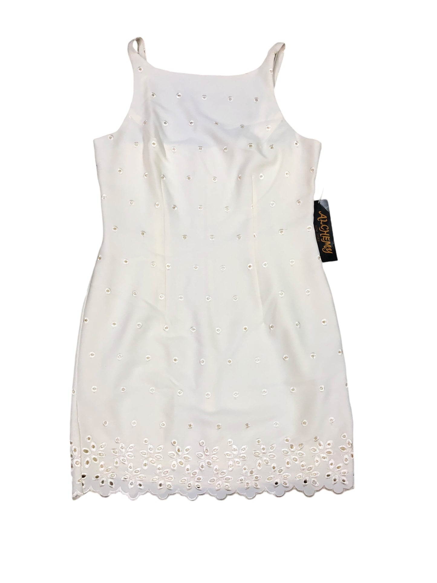 VTG White Embroidered High Neck Dress Sz M