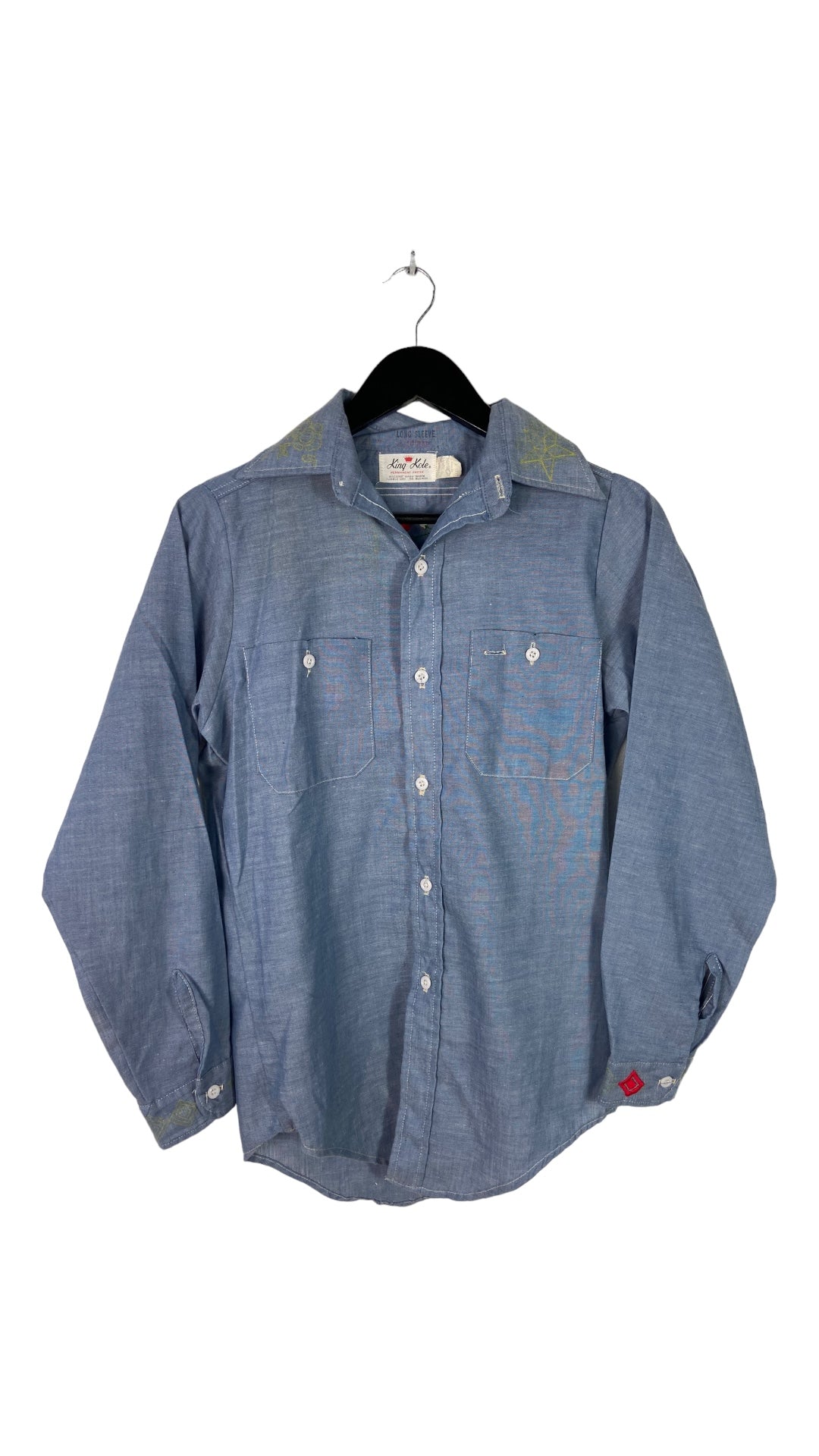 VTG Flower Embroidered Blue Button Up Shirt Sz M