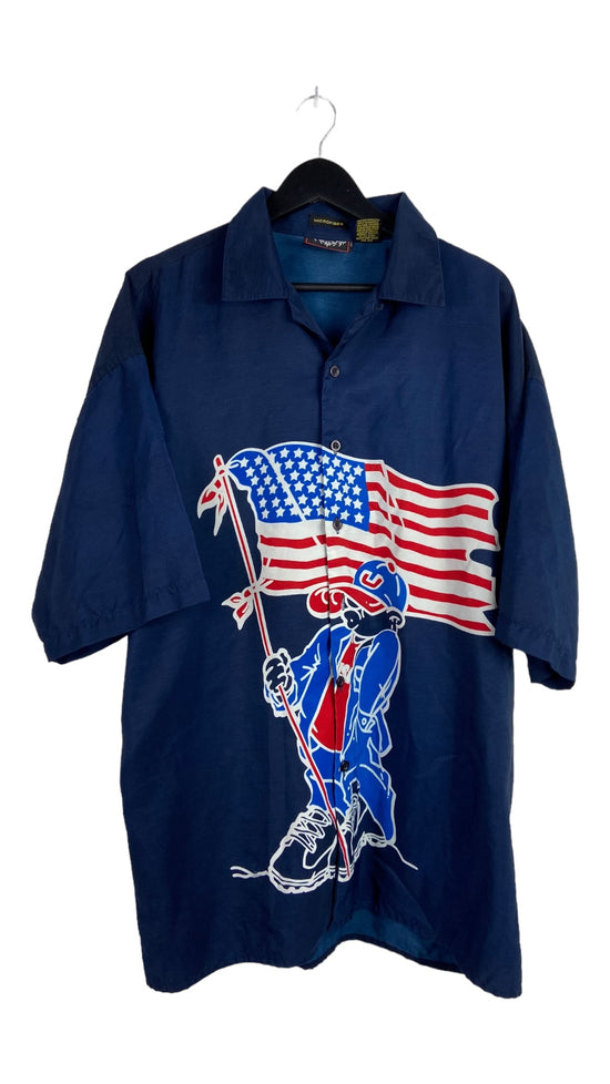 VTG American Flag No Contest Navy Button Up Shirt Sz 3XL