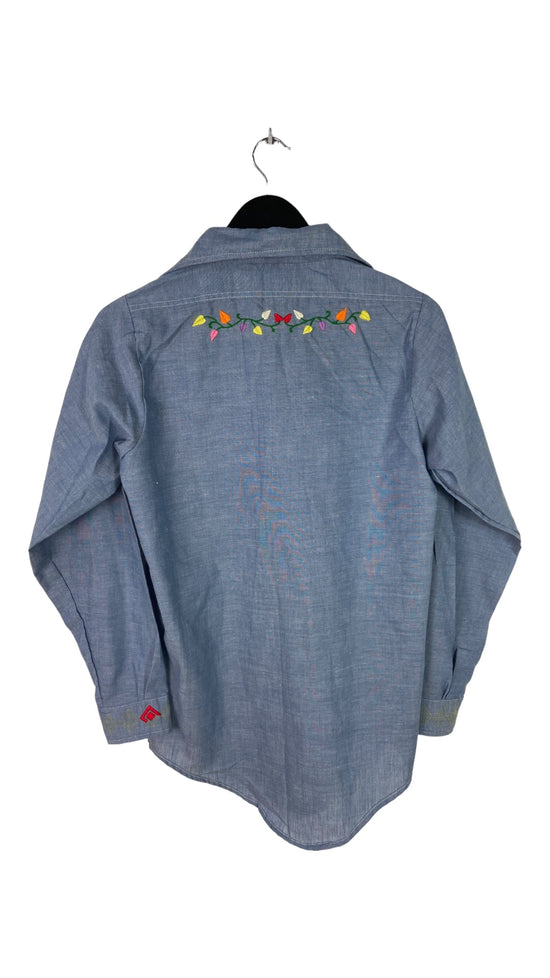 VTG Flower Embroidered Blue Button Up Shirt Sz M