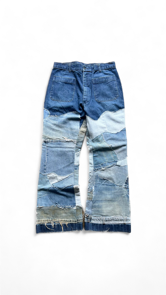 Hand Reworked Vintage Patchwork Denim Seafarers Jeans by D. Turner Sz  34x30